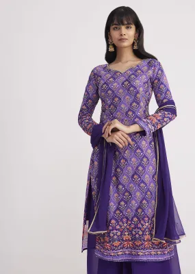 Purple Printed Mirror Work Kurta Set With Flared Palazzo